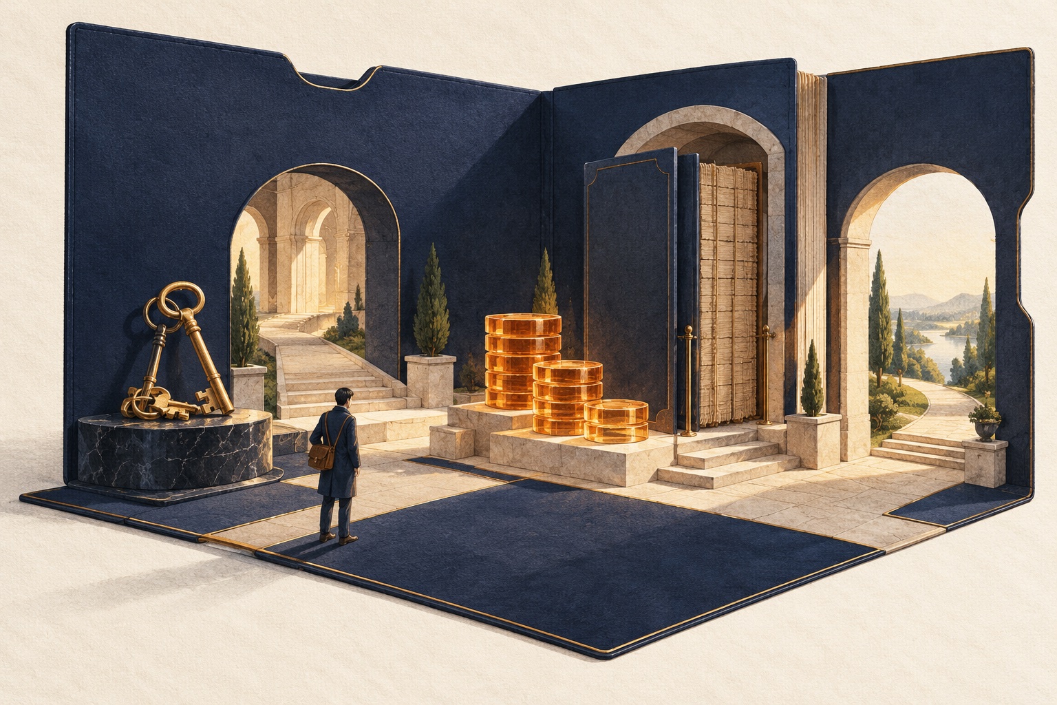 펼쳐 세운 남색 폴더 안의 작은 광장. 받침 위의 큰 열쇠 꾸러미, 쌓인 빛나는 원반, 책장처럼 생긴 문, 바깥 풍경으로 난 아치 출구를 한 사람이 바라본다